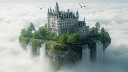 Obraz premium A floating castle surrounded by waterfalls and clouds, evoking fantasy and imagination.
