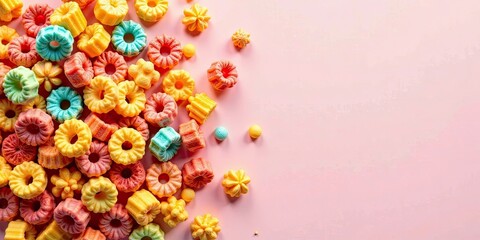Colorful Sweet Treats Scattered on a Pink Background A Delightful Arrangement of Assorted Confectionery