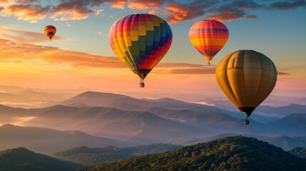 Obraz premium Colorful hot air balloons flying over mountain