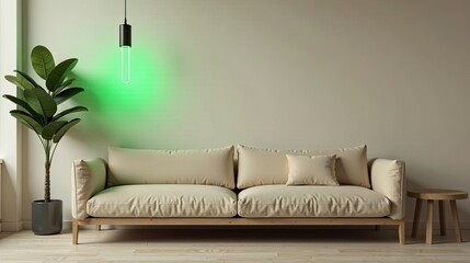Modern Minimalist Living Room Interior Design with a Light Beige Sofa and Green Illuminated Pendant Light