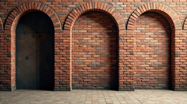 Rustic brick wall with arched entryways and a dark door, ideal for a variety of design projects and creative endeavors.