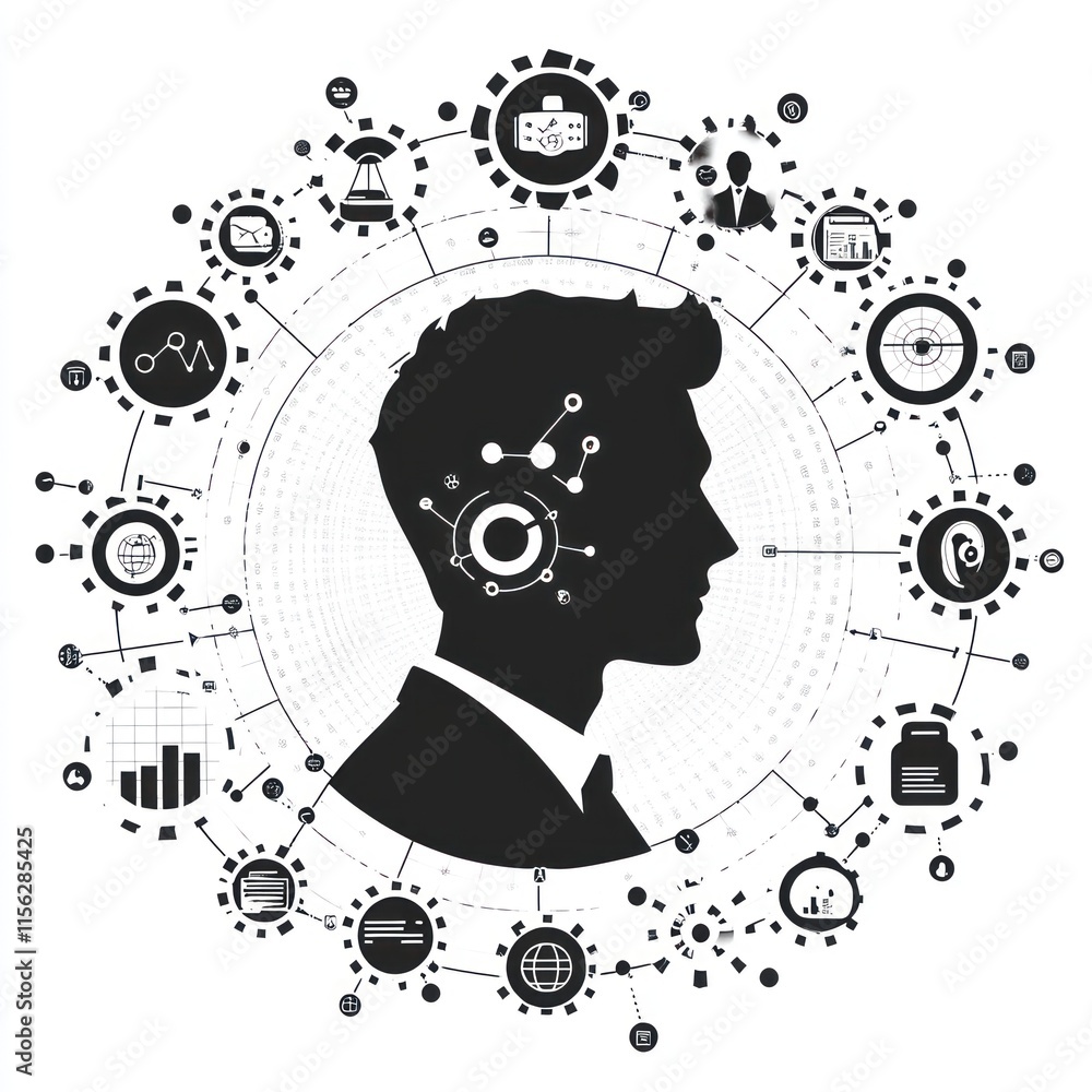 Poster man's profile with interconnected business icons.