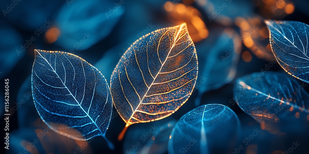 Poster close-up of illuminated leaves showcasing intricate details and vibrant colors.
