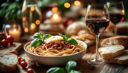 Spaghetti bolognese with basil and parmesan cheese, served with crusty bread and red wine. Perfect for Italian food, romantic dinner, or restaurant menu imagery.
