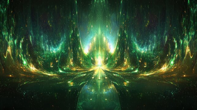Fototapeta Abstract green fractal landscape with glowing energy and symmetrical design.