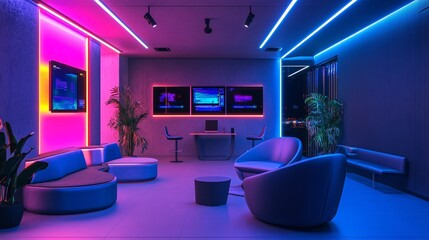 Interior of a modern night club with bright neon lights and comfortable armchairs.
