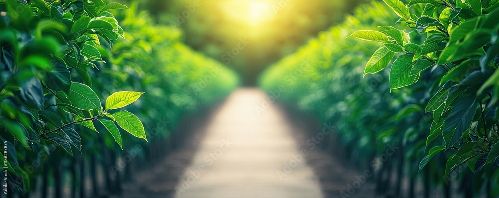 Poster green tree idea. a serene path through lush greenery illuminated by soft sunlight.