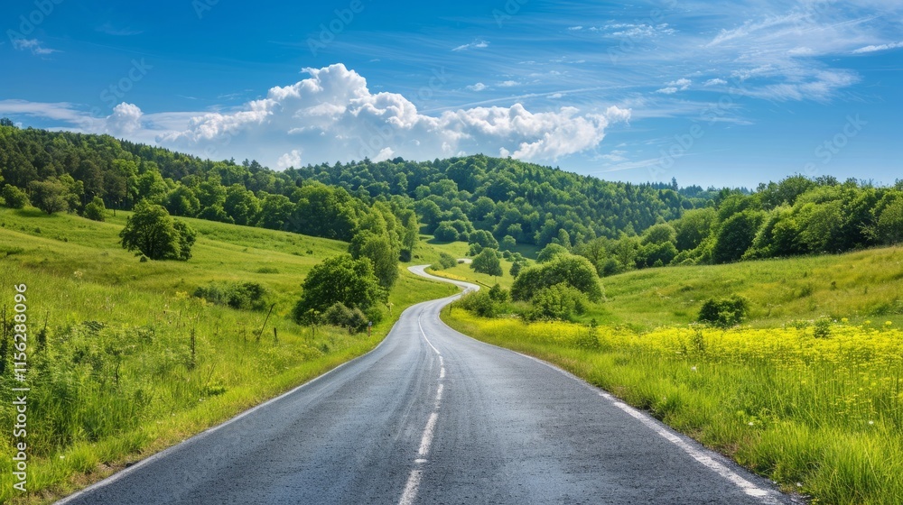 Wall mural Country road and green forest natural landscape under the blue sky