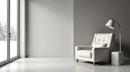 Serene Minimalist Living Room Interior Design Featuring a Comfortable Armchair, Floor Lamp, and a Window Offering a Snowy Winter Landscape View