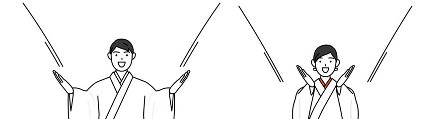 Priest and shrine maiden of the shrine, calling out with his hand over his mouth.