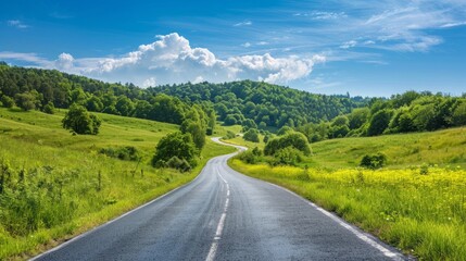 Naklejka premium Country road and green forest natural landscape under the blue sky