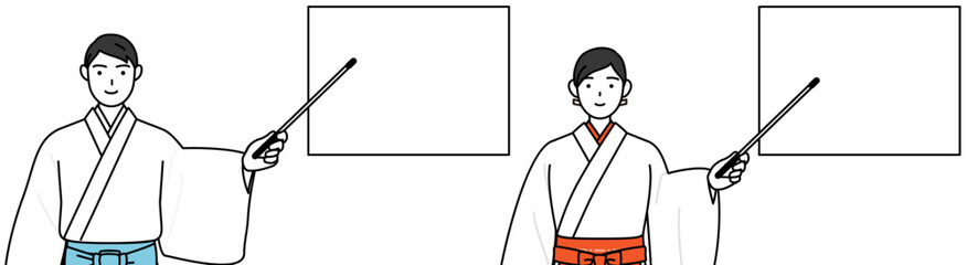 Priest and shrine maiden of the shrine, pointing at a whiteboard with an indicator stick.