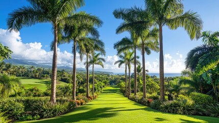 Obraz premium Green tree idea. Lush palm trees line a vibrant green pathway leading to a scenic view of nature.