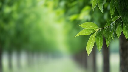 Naklejka premium Green tree idea. Lush green leaves with a blurred background, showcasing nature's tranquility and beauty.