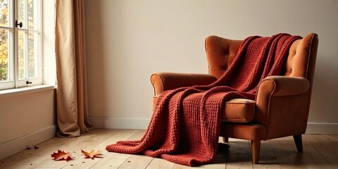 Cozy autumn armchair with a textured throw blanket, near a window with fall leaves on the floor
