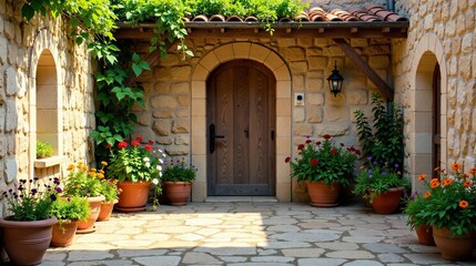 Naklejka premium Sun-drenched Courtyard Entrance with Stonework and Vibrant Flower Pots