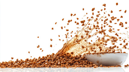 Cereal and milk splash create dynamic motion in breakfast setting. 