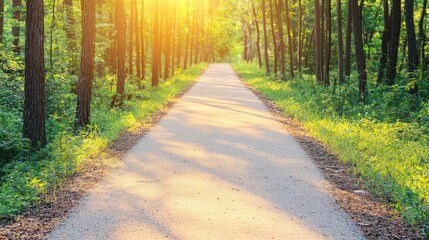 Fototapeta premium Green tree idea. A sunlit forest path surrounded by lush greenery and tall trees, inviting nature lovers.