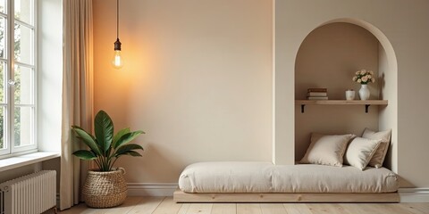 Serene Minimalist Interior Design Featuring a Built-in Nook with a Comfortable Daybed and Natural Elements
