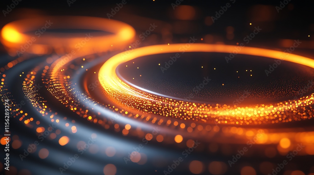 Poster Abstract glowing rings with particles in a dark background, creating a dynamic visual effect.