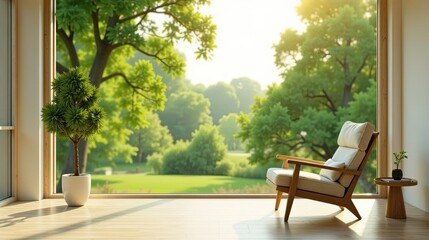 Tranquil Indoor Retreat A Comfortable Chair Overlooking a Serene Green Landscape Through a Large Window, Perfect for Relaxation and Contemplation