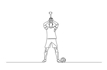 Football player holding ball and trophy continuous one line drawing. Football player with trophy in single line art illustration. Editable vector.