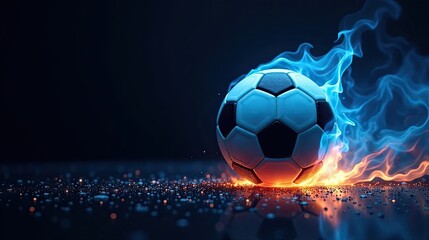 Fototapeta premium Fiery Soccer Ball Rolling Across Iridescent Surface, Leaving a Trail of Sparkling Embers and Dynamic Flames