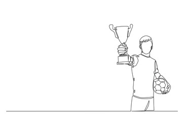 Football player holding ball and trophy continuous one line drawing. Football player with trophy in single line art illustration. Editable vector.