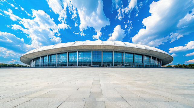 A futuristic sports arena with a domed roof, sleek design, and large glass windows, hosting a major event with a vibrant crowd and advanced technology.