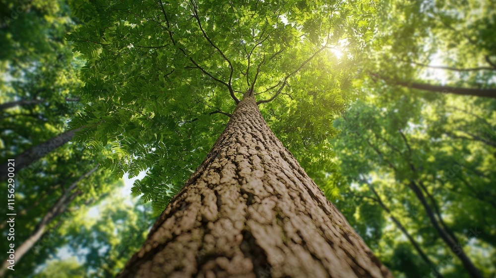 Poster green tree idea. perspective view of a tall tree with sunlight filtering through its lush green leav