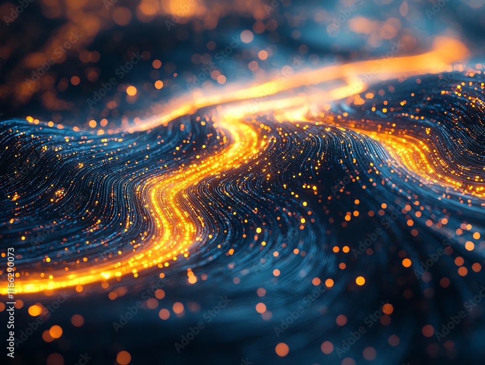 Poster Abstract representation of flowing energy with glowing particles and dynamic waves.
