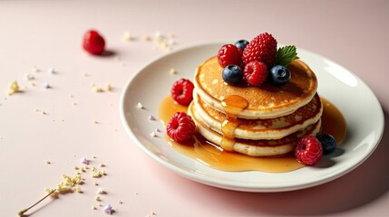 Sweet Stack of Pancakes Topped with Berries and Syrup on a Plate