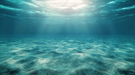 Mesmerizing Underwater Scene with Radiant Sunbeams Illuminating Soft Sandy Bottom Surrounded by Tranquil Blue Waters Creating a Serene Atmosphere