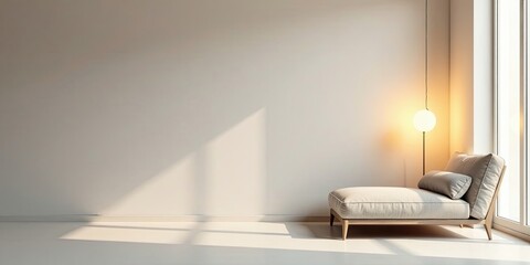 Serene Minimalist Interior Design Featuring a Modern Chaise Lounge and Ambient Lighting in a Bright Room with Sunlight Streaming Through a Window