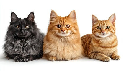 Three cats of different colors sit side-by-side. Perfect for pet adoption, veterinary, or cat-themed projects.