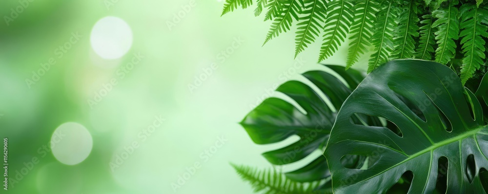 Poster tropical frame concept. lush green leaves creating a vibrant natural backdrop with soft bokeh effect