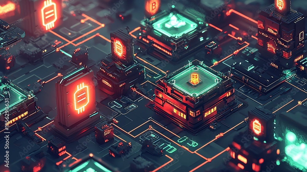 Poster futuristic digital cityscape with glowing nodes and circuits.