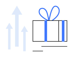 Gift box wrapped with blue ribbon, accompanied by three upward arrows. Ideal for business success, festive occasions, achievements, growth, upward trends, celebrations motivation. Line metaphor