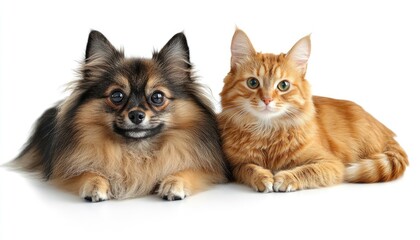 Fototapeta premium Fluffy Pomeranian dog and ginger cat lie together. Ideal for pet adoption, veterinary, or animal lover websites.