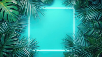 Fototapeta premium Tropical frame concept. Vibrant green leaves frame a neon border against a turquoise background, ideal for design use.