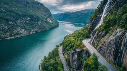Drone panoramic photo of the car driving through picturesque road above the huge waterfall near the fjord in South Norway