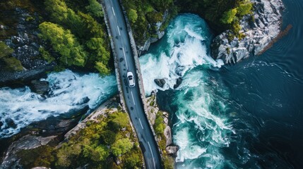 Drone panoramic photo of the car driving through picturesque road above the huge waterfall near the fjord in South Norway