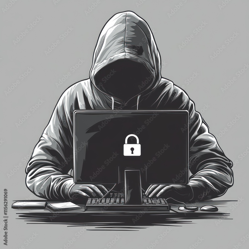 Poster hooded figure hacking, computer screen lock icon.