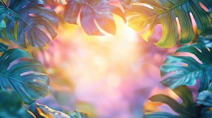 Fototapeta premium Tropical frame concept. A vibrant display of tropical leaves framing a sunny, colorful background.
