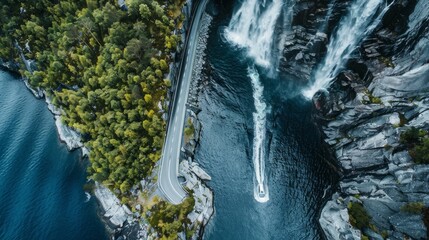 Drone panoramic photo of the car driving through picturesque road above the huge waterfall near the fjord in South Norway
