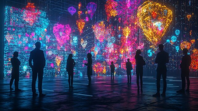 Silhouetted figures observing vibrant, digital, holographic gems and hearts.