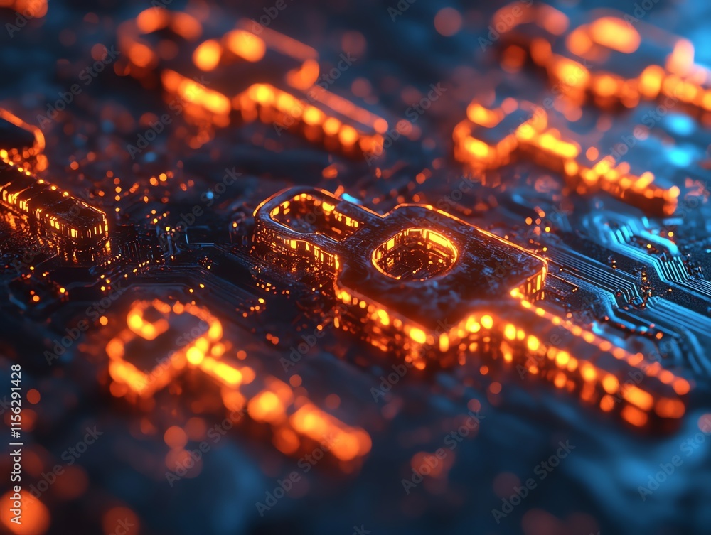 Poster A close-up view of glowing digital locks on a circuit board, symbolizing cybersecurity.