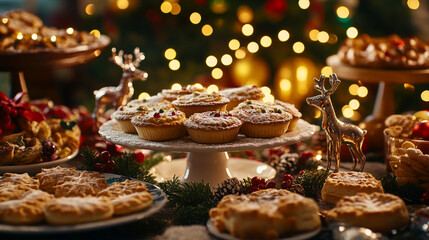 Holiday dessert table with festive pastries and decorations in a cozy setting. 