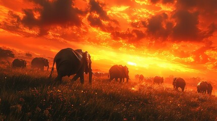 Elephant herd silhouetted against a fiery sunset in the African savanna.
