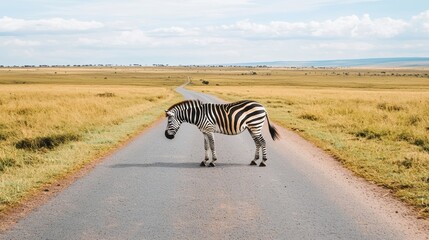 Zebra standing on empty road in African savanna.